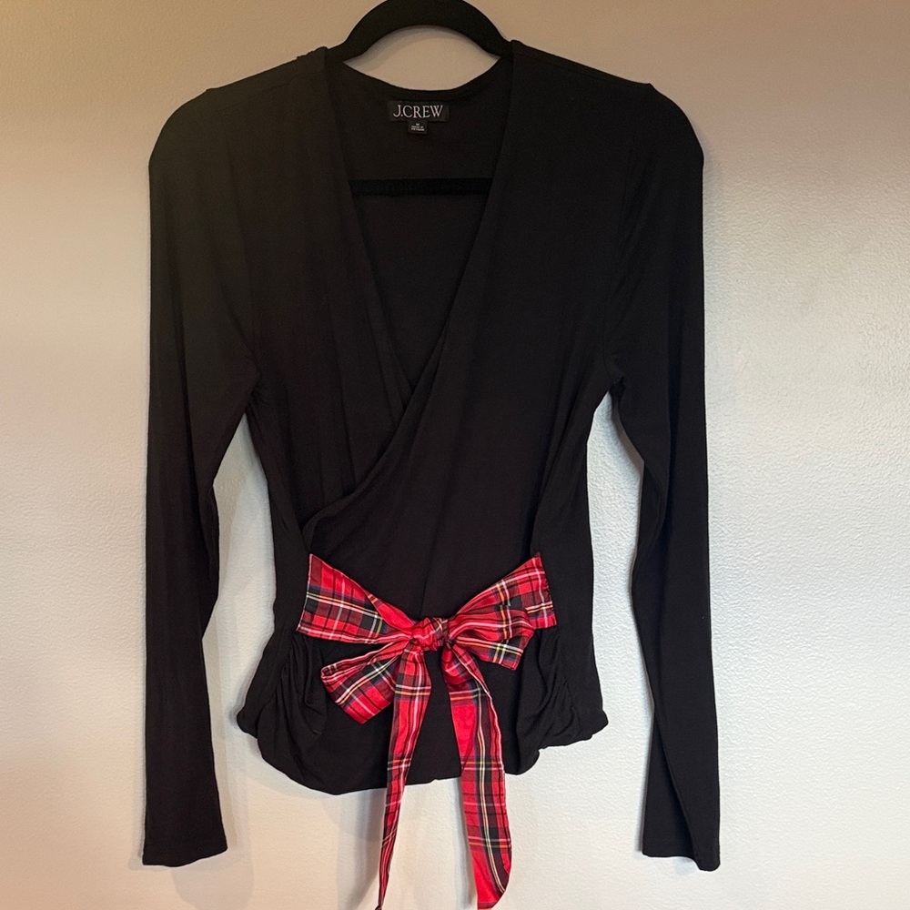 J. Crew Black Blouse with Red Plaid Accent